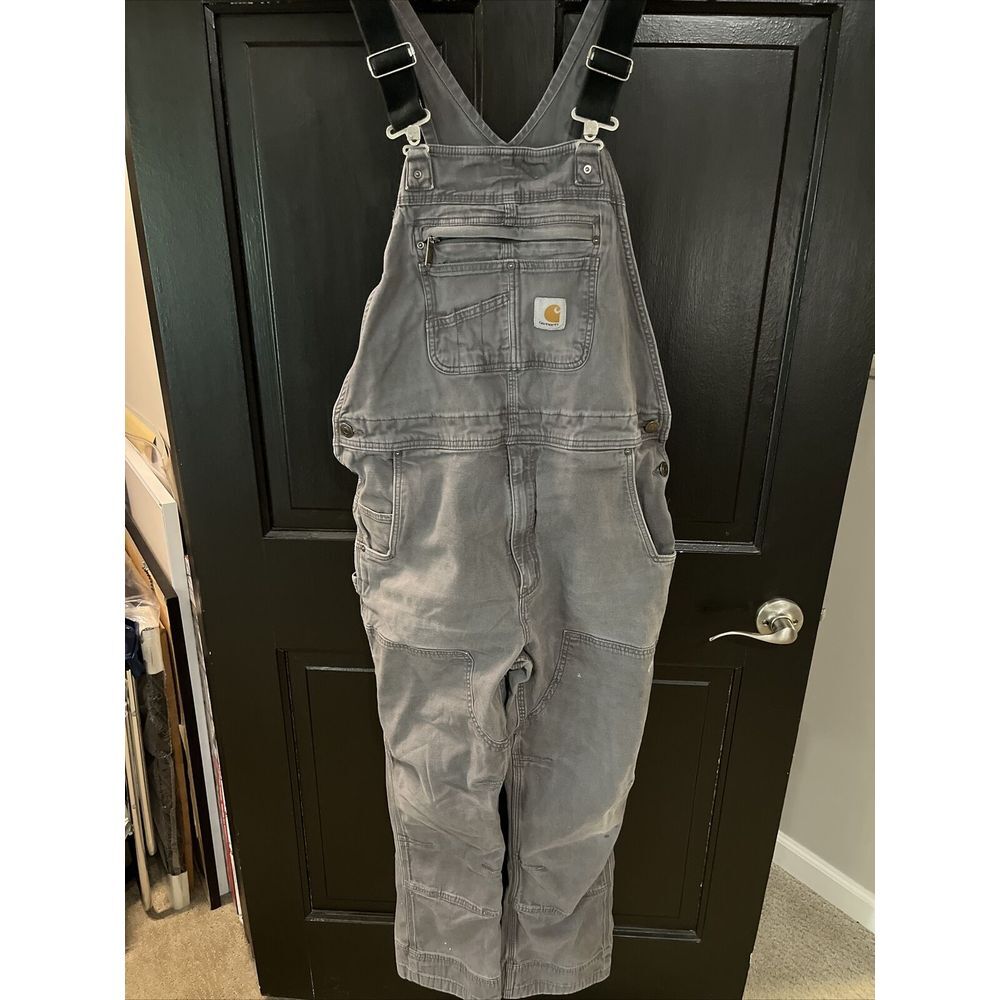 Carhartt Overalls Men's 36x32 Gray Double Knee Stretch Duck Canvas Carpenter